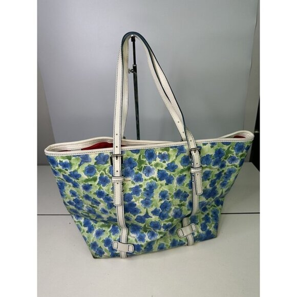 Dooney & Bourke Blue White Floral Tote Bag Canvas Red Lined - Picture 4 of 12